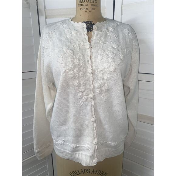 VTG 90s SML Sport Women's White Knit Cardigan Sweater Floral Needle Work Size L - Picture 1 of 6